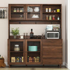 63” Kitchen Pantry Cabinet with Microwave Shelf & Countertop, Freestanding Storage Kitchen Hutch with Drawers & Glass Doors for Dining Room, Wooden Structure, Modern (Walnut)