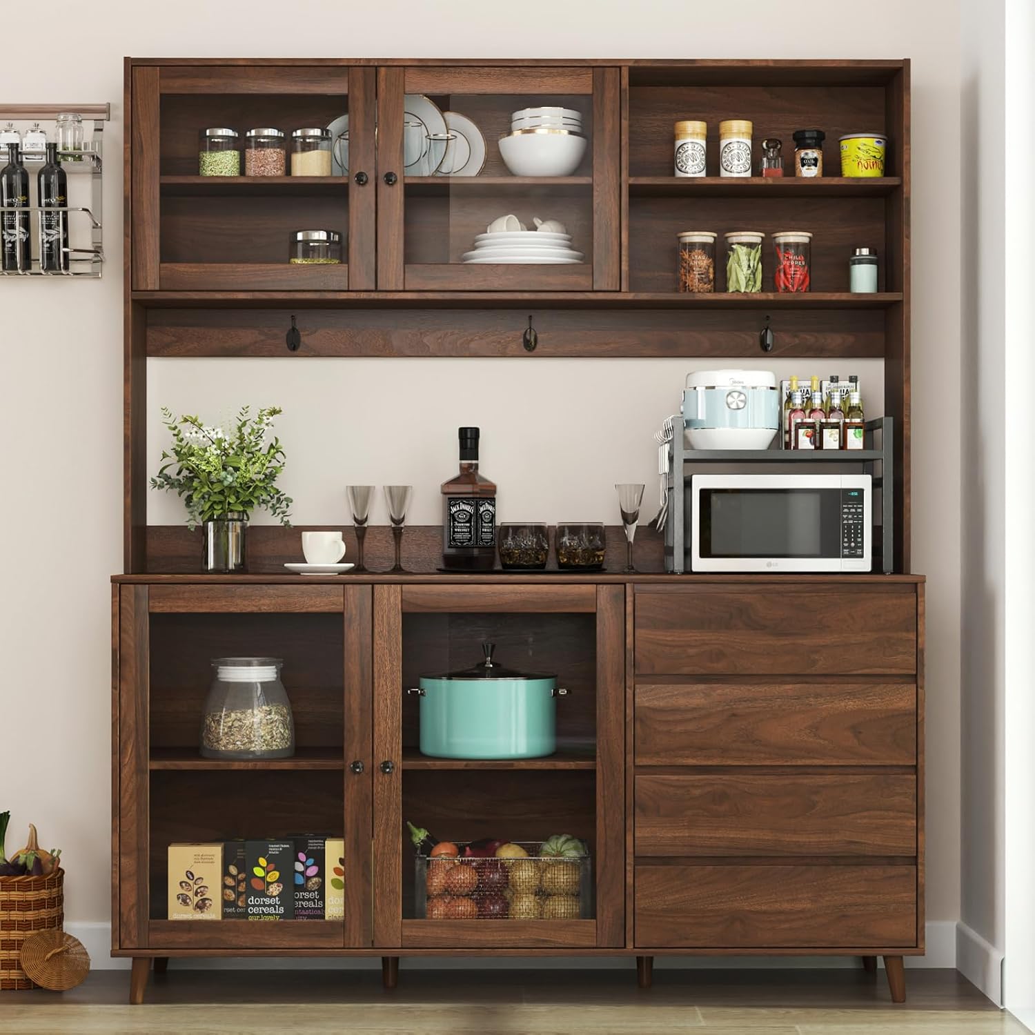 63” Kitchen Pantry Cabinet with Microwave Shelf & Countertop, Freestanding Storage Kitchen Hutch with Drawers & Glass Doors for Dining Room, Wooden Structure, Modern (Walnut)