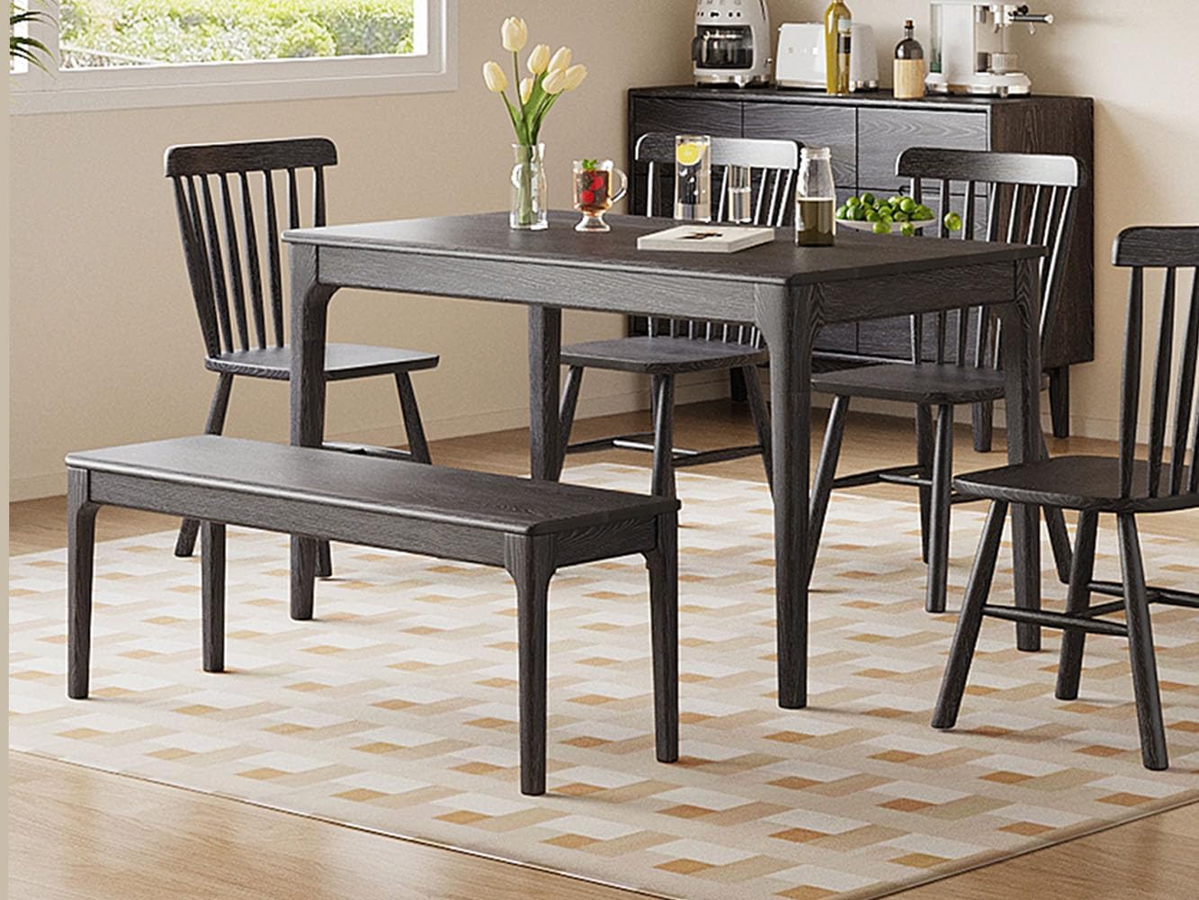 Dining Bench, Wood Bench Solid Oak Wooden Bench Indoor Dining Room Table Home Bedroom Bed End Restaurant Modern Hallway Furniture (Black, 43.3" W x 13.8" D x 17.7" H)
