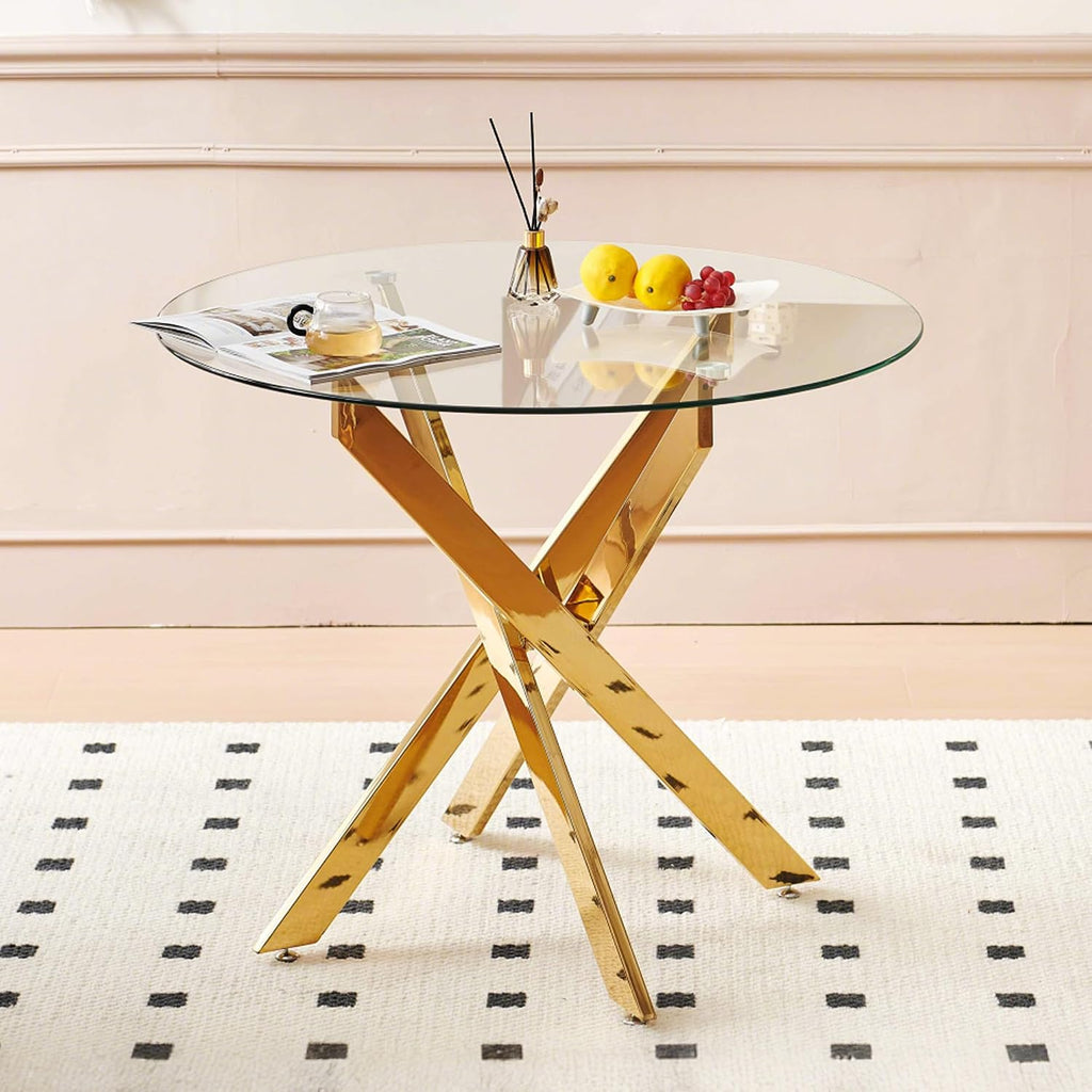 Aoowow Round Dining Table with Glass Top, 35.4” Modern Kitchen Table for 4, Small Glass Circle Dinner Table with Metal Legs for Dining Room, Golden