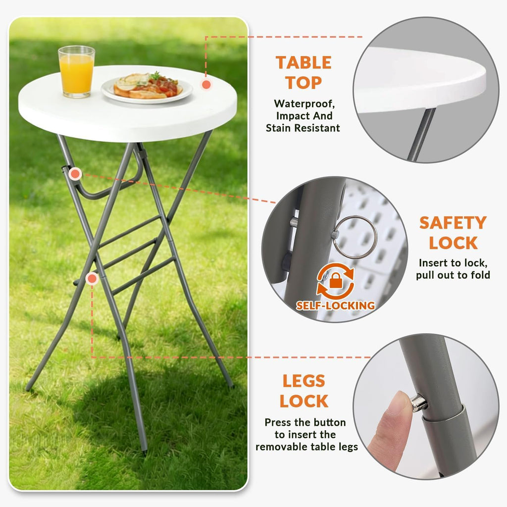Lakhow 2 Pack Cocktail Table 28in Portable Folding Bar Height Table, White | Indoor Outdoor with Removable Legs, Tall Bistro Foldable Bar Height Table for Parties, Patio, Backyard, Dining, Wedding