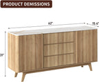 Yanosaku 62" W Fluted Buffet Cabinet with Sliding Doors, Modern Sideboard Storage Cabinet with Power Outlet & 3 Drawers, Mid-Century Coffee Bar Table for Living Room, Dinning Room, Natural
