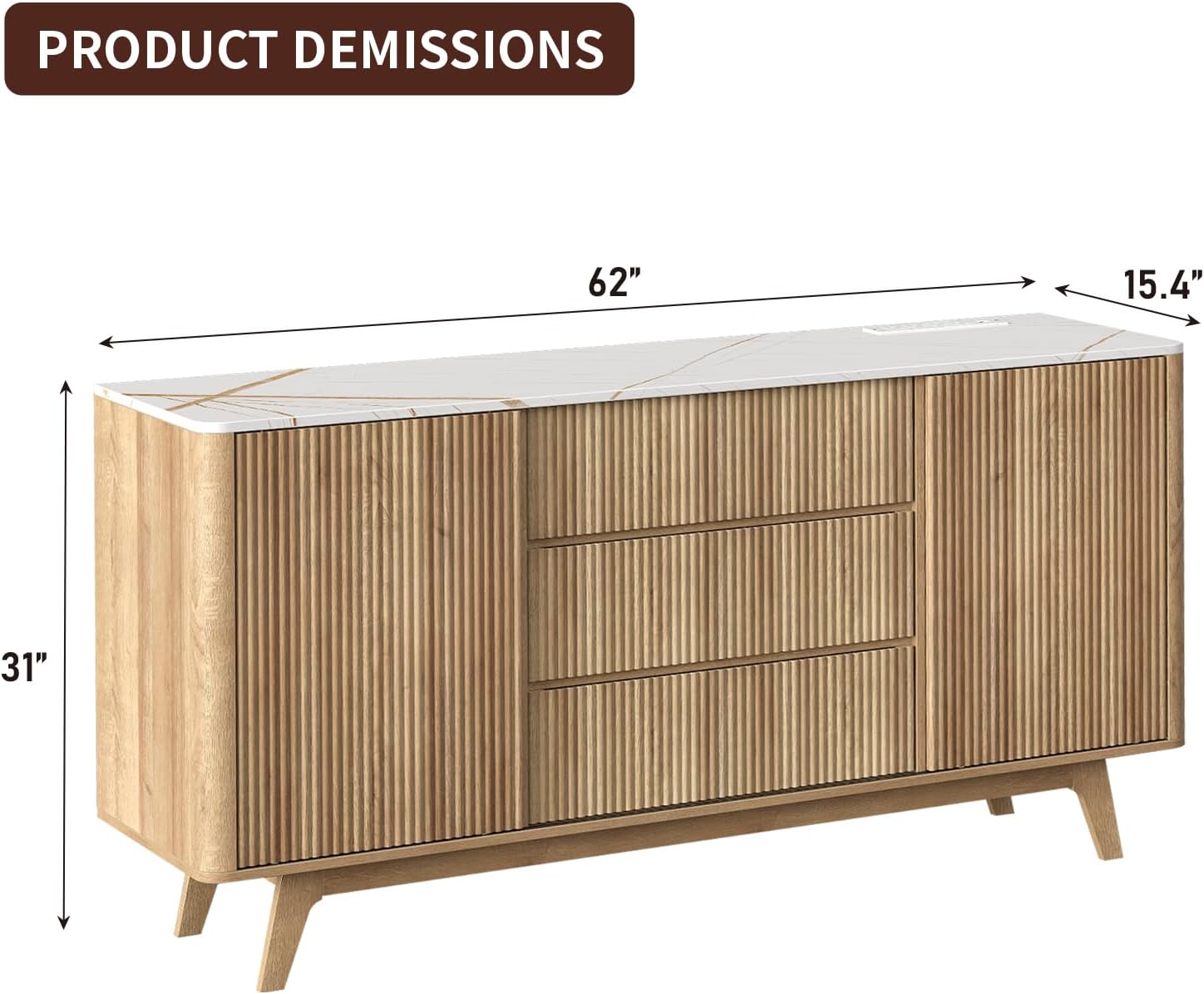 Yanosaku 62" W Fluted Buffet Cabinet with Sliding Doors, Modern Sideboard Storage Cabinet with Power Outlet & 3 Drawers, Mid-Century Coffee Bar Table for Living Room, Dinning Room, Natural