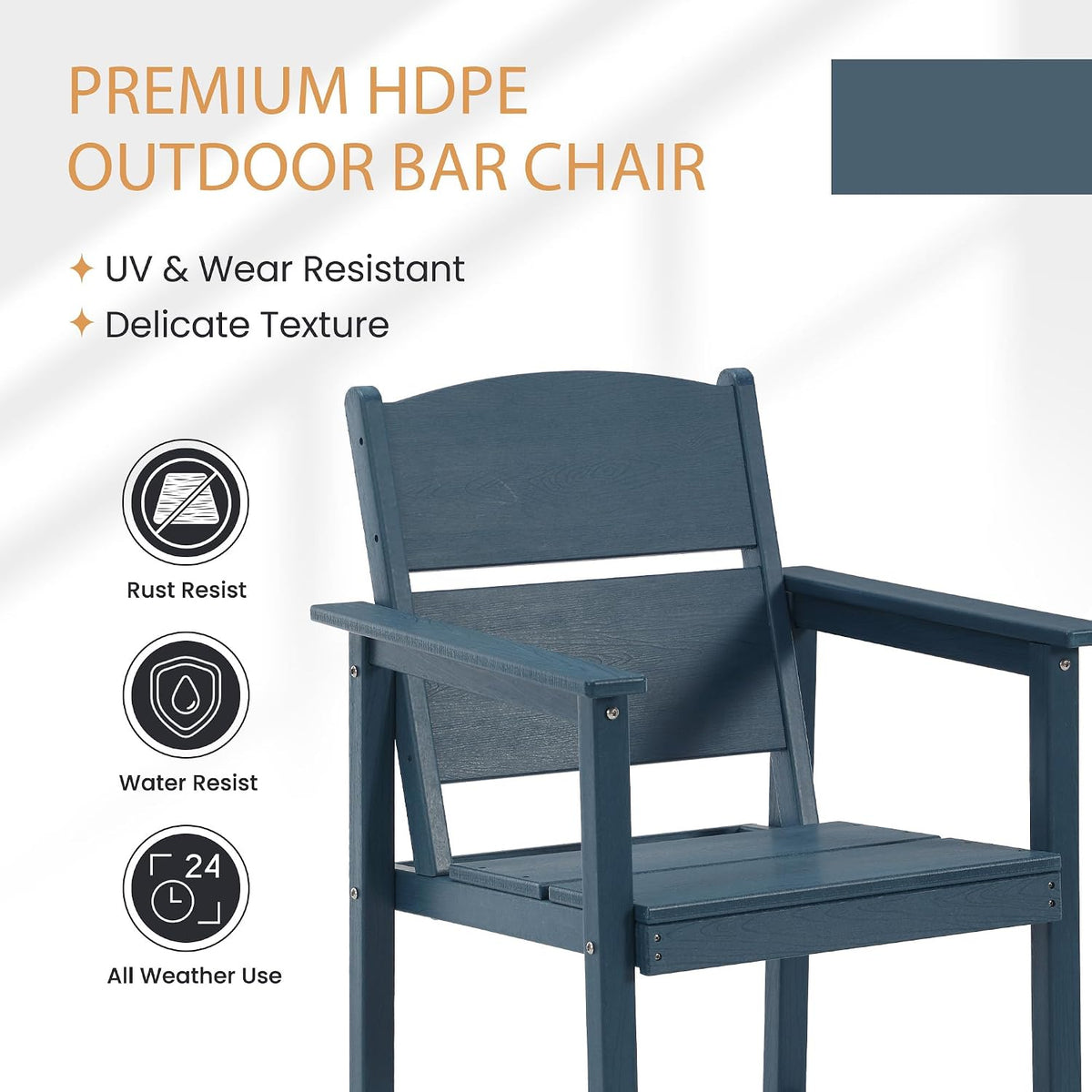 6 Pack Outdoor Bar Stools, HDPE Patio Bar Chairs with Armrests & Footrest, Weather Resistant All-Weather Counter Height Chairs for Outdoor Deck, Backyard, Poolside,Blue