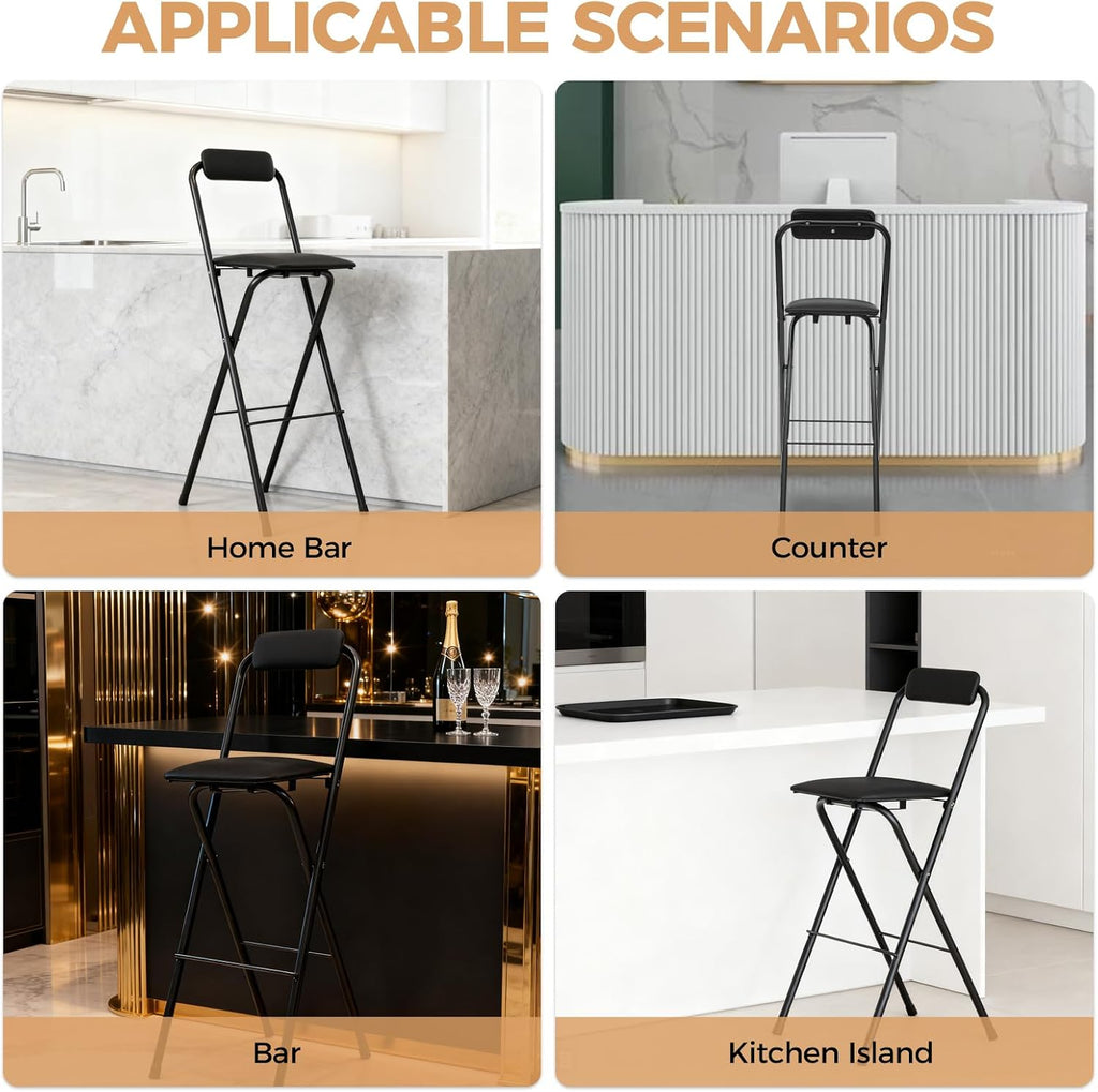 Folding Stool, Cushioned Padded Folding Stool Portable Bar Stool with Back for Camping Kitchen Home Office, Tall Bar Collapsible Stools (Black, 1Pcs 29.53in)