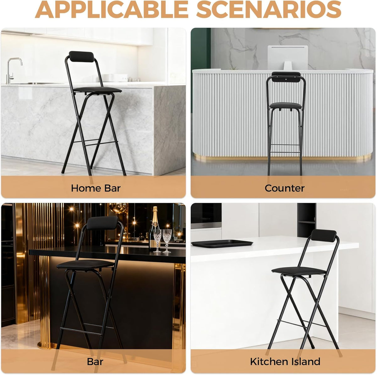 Folding Stool, Cushioned Padded Folding Stool Portable Bar Stool with Back for Camping Kitchen Home Office, Tall Bar Collapsible Stools (Black, 1Pcs 29.53in)