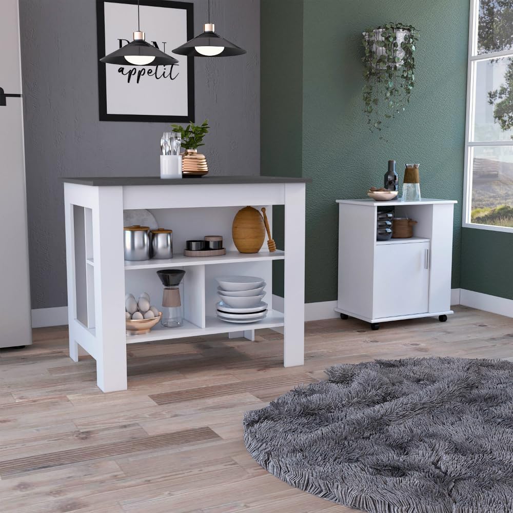 2 Piece Kitchen Set with Island and Microwave Pantry Cabinet | Interlocking mechanism for setup without tools assembly
