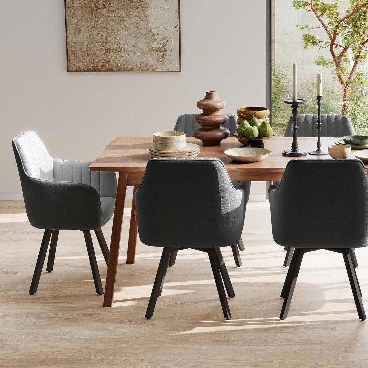 Furniliving 360° Swivel Dining Chairs Set of 2, Mid Century Modern Upholstered with Mental Frame Legs, Dining Chairs with Arms & Thickened Cushions for Kitchen, Living Room, Velvet, DrakGrey