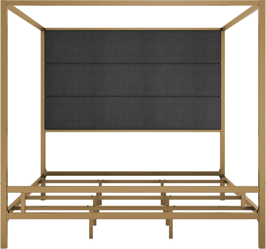 King Size Modern Gold Canopy Bed with Tall Headboard(Dark Gray+Gold, King)