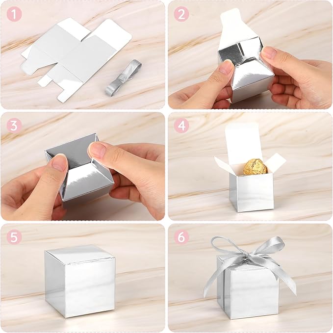 EUSOAR Small Gift Boxes with Lids, 120pcs 2x2x2 Inches Silver Party Favor Box Advent Calendar Boxes with Ribbon, Cube Candy Box Mini Muffins Bags Macaron Container for Wedding Birthday Party Supplies