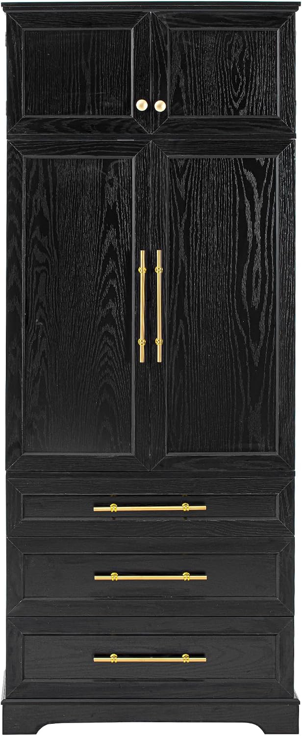 78.2" Tall Farmhouse Kitchen Pantry Cabinet with 8 Door Shelves, Storage Cupboard with 3 Adjustable Shelves, 3 Large Drawers,for Dining & Bathroom (Ash Black-J)