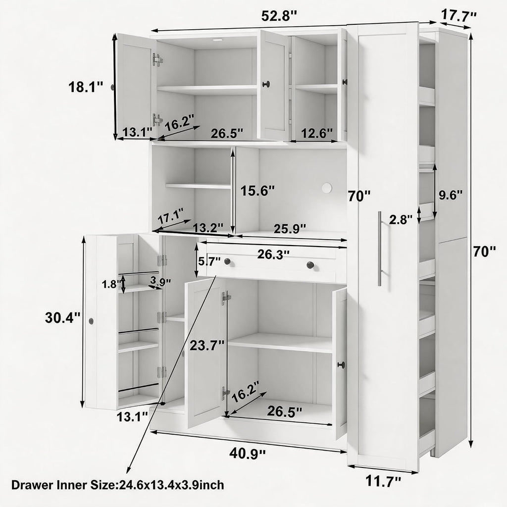 70 Inch Buffet with Hutch and Pull-Out Side Cabinet, White | White P2 MDF, kitchen or dining room, 7-tier side organizer, door shelves, adjustable shelves, open workstation, 52.8 in W