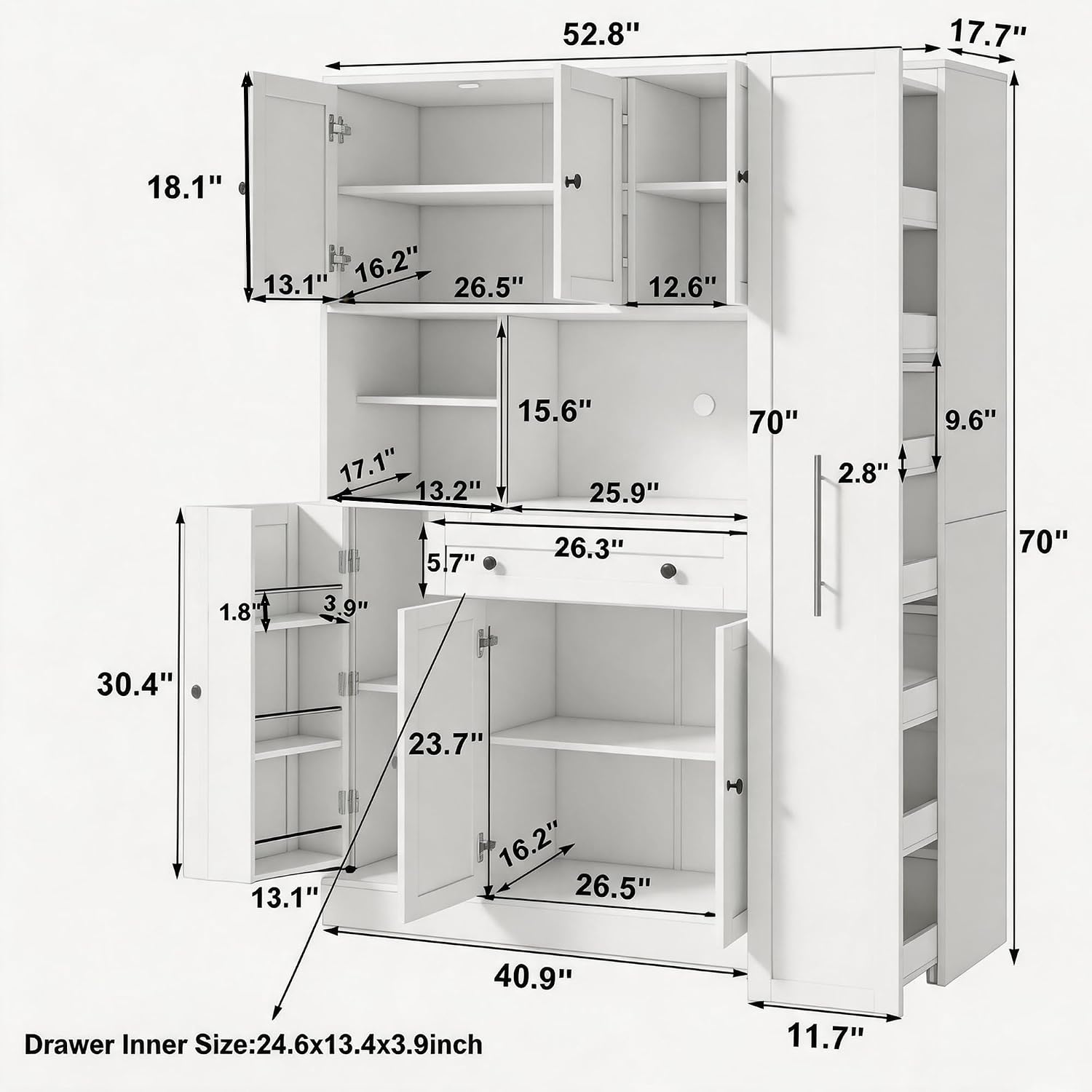 70 Inch Buffet with Hutch and Pull-Out Side Cabinet, White | White P2 MDF, kitchen or dining room, 7-tier side organizer, door shelves, adjustable shelves, open workstation, 52.8 in W