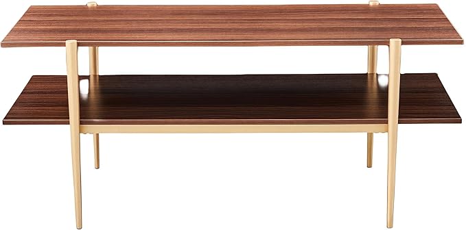Shrine Rectangle Coffee Table, Mid-Century Modern Design, Two-Tier Walnut MDF Table, 41" D x 21" W x 17" H, Sleek Conical Metal Legs with Gold Finish