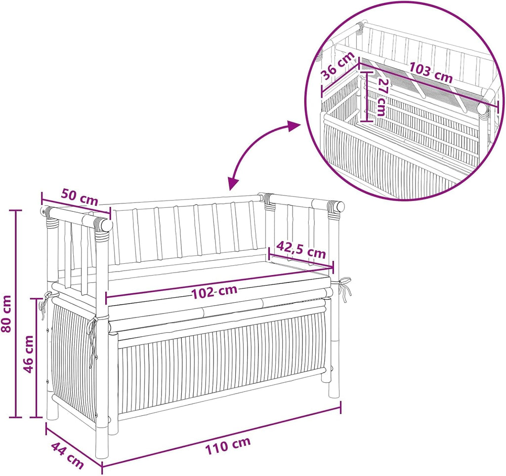 Bamboo Garden Storage Bench 110 x 47 x 80 cm, Outdoor Seating with Hidden Compartment, Post Leg Design for Patio or Indoor Use, Natural Finish