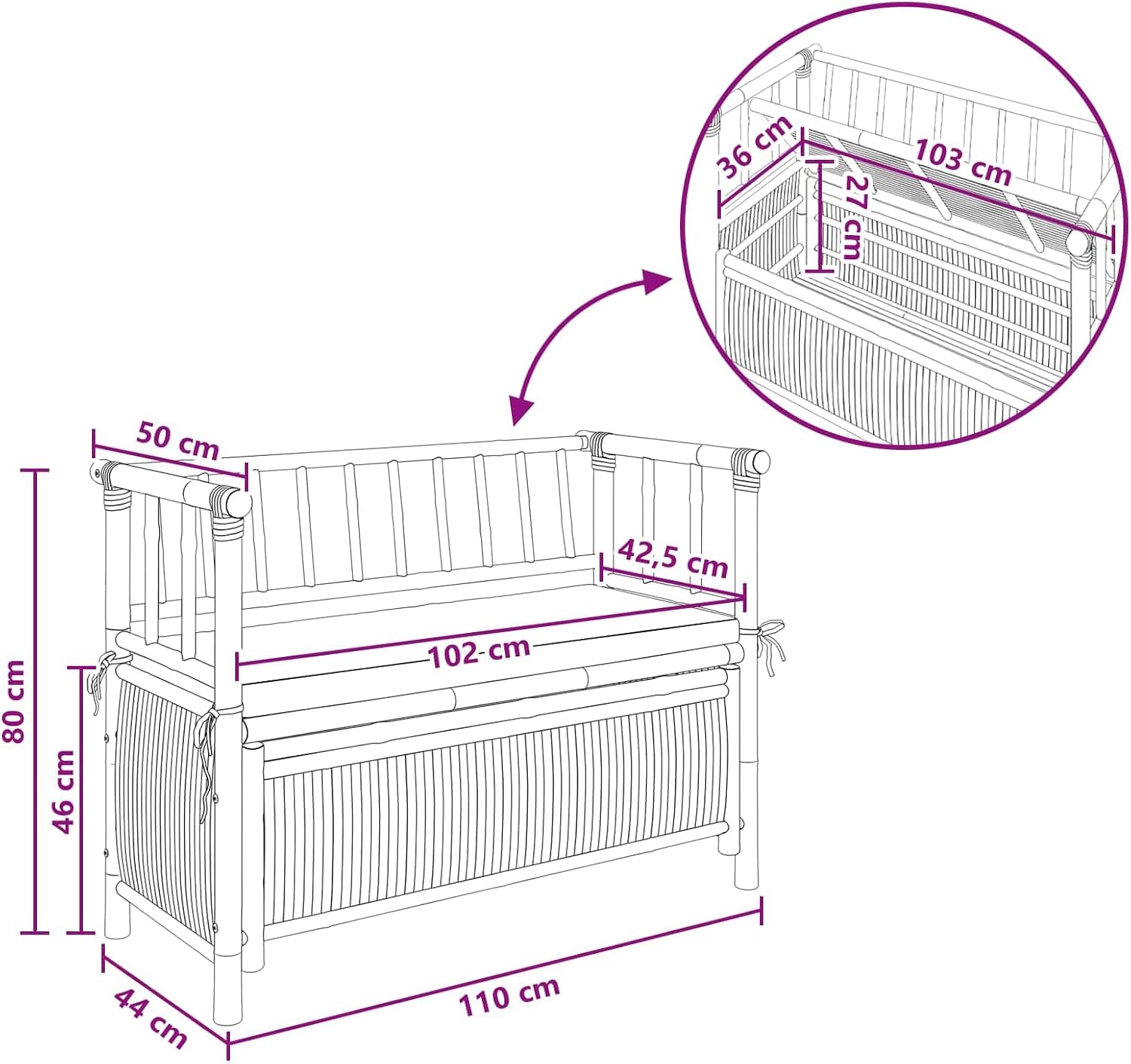 Bamboo Garden Storage Bench 110 x 47 x 80 cm, Outdoor Seating with Hidden Compartment, Post Leg Design for Patio or Indoor Use, Natural Finish