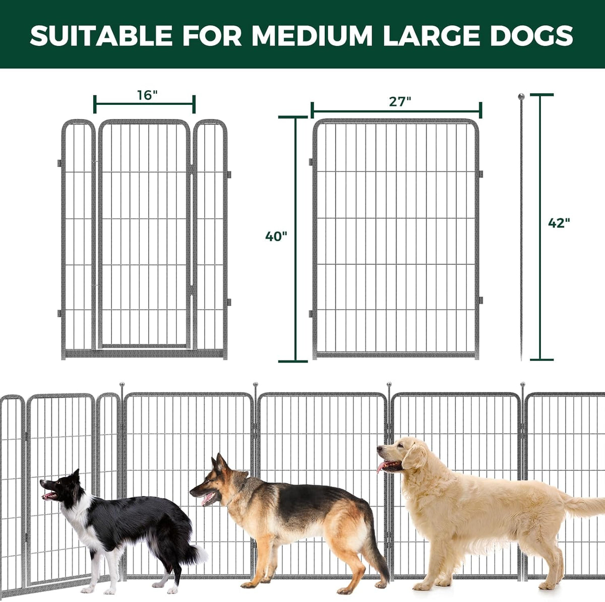 FXW Garden Fence Outdoor for The Yard – 40in(H) x 54.7ft(L) Heavy Duty Metal Animal Barrier for Dog and Rabbit, Decorative Dog Fence, 24 Panels, Silver
