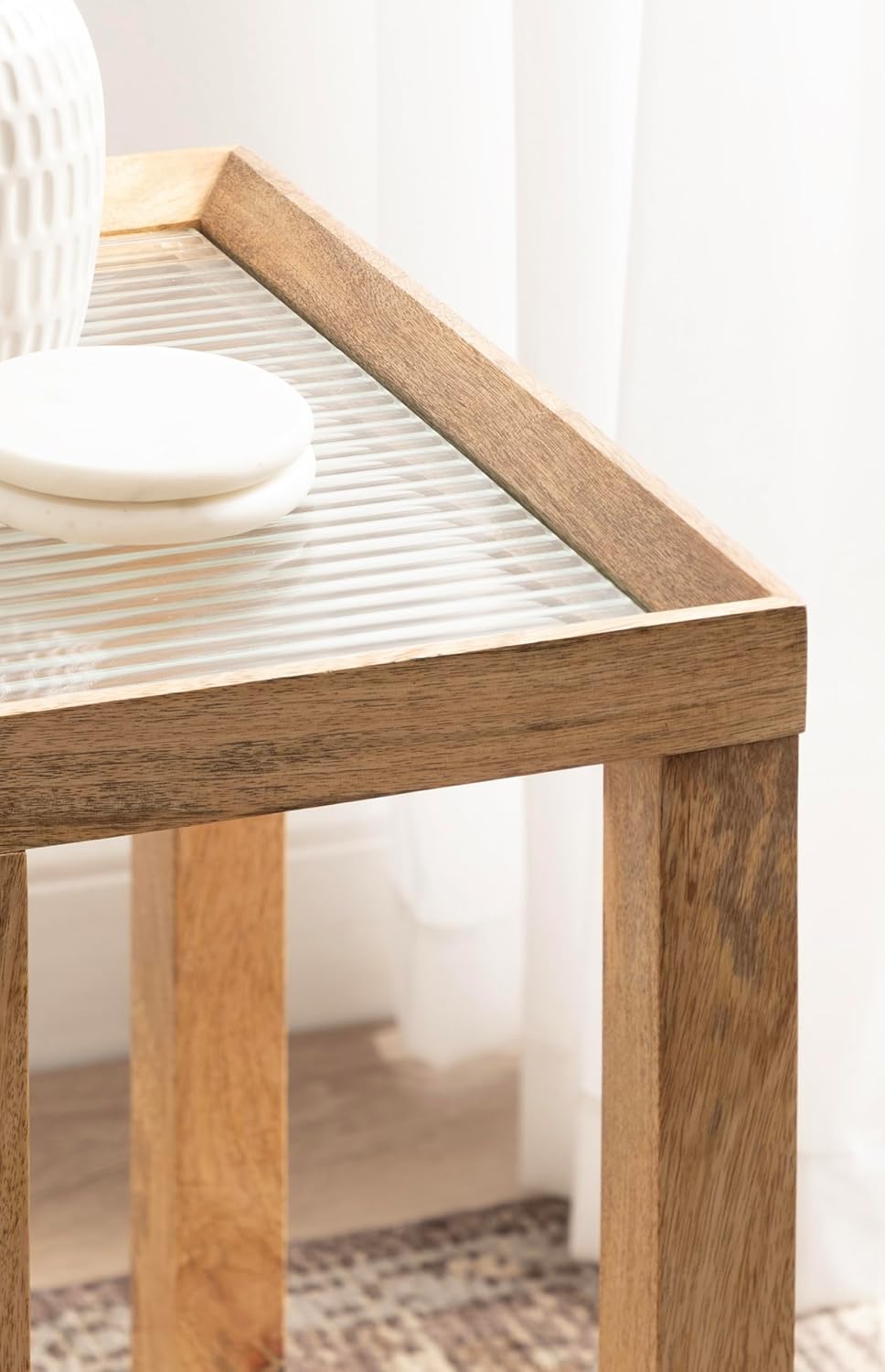 Kate and Laurel Keating Modern Rectangle Mango Wood End Table, 16 x 10 x 24, Clear Glass and Natural Wood, Decorative Contemporary Ribbed Glass Side Table for Bedroom Nightstand or Living Room Accent