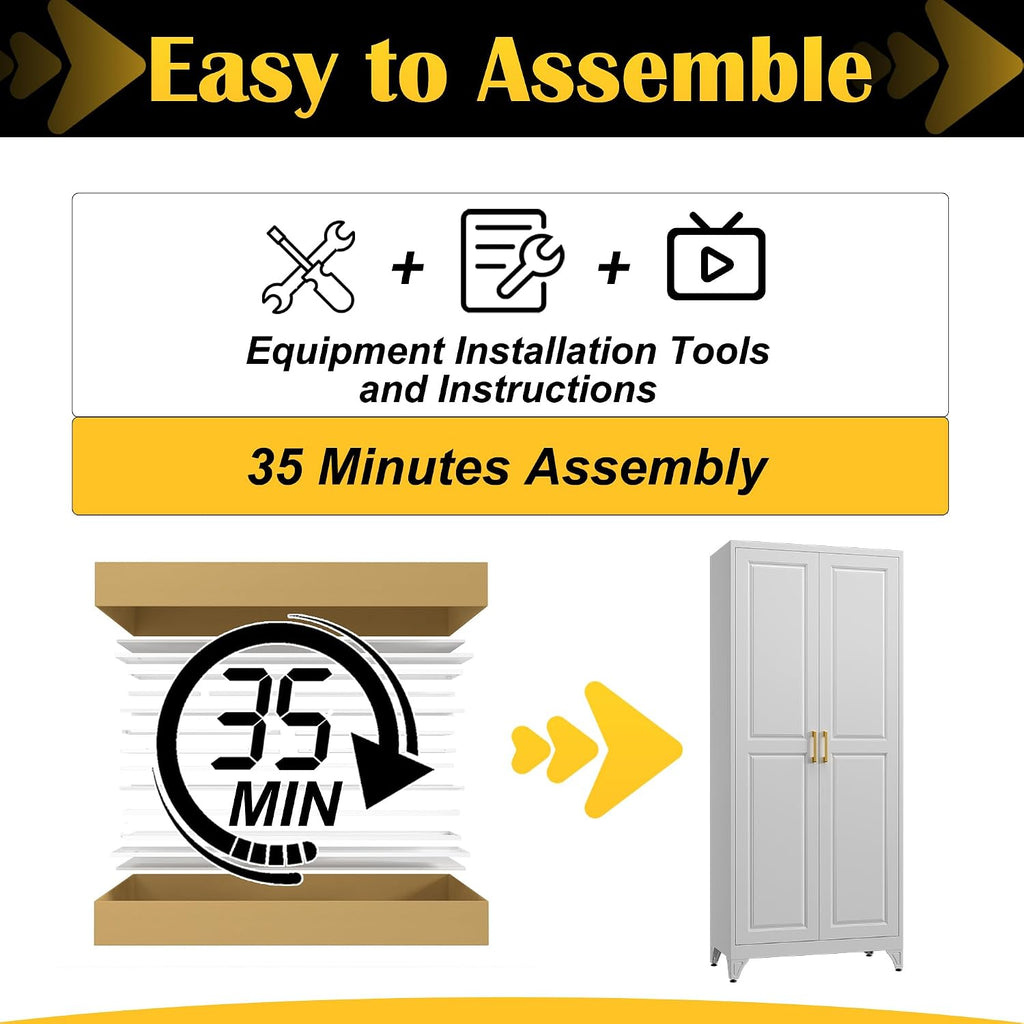 SteeLoong 75”Metal Pantry Storage Cabinet with Doors & 5 Adjustable Shelves | Kitchen Pantry Cabinet,White Kitchen Cabinet with 2 Gold Handles,Tall Cabinet for Livingroom,Pantry, Bathroom,Kitchen,Garage