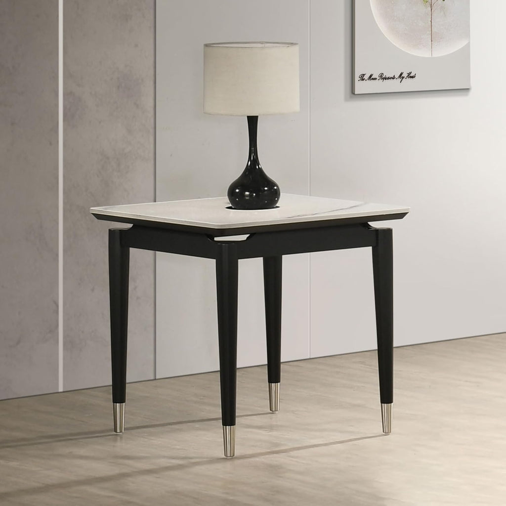 Furniture of America Miranda Modern Solid Wood 23.6-inch Square End Table with Sintered Stone Top, Silver-Capped Arrow Legs for Living Room, Black and White
