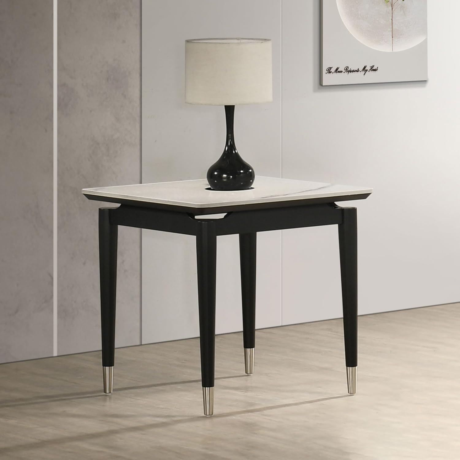 Furniture of America Miranda Modern Solid Wood 23.6-inch Square End Table with Sintered Stone Top, Silver-Capped Arrow Legs for Living Room, Black and White