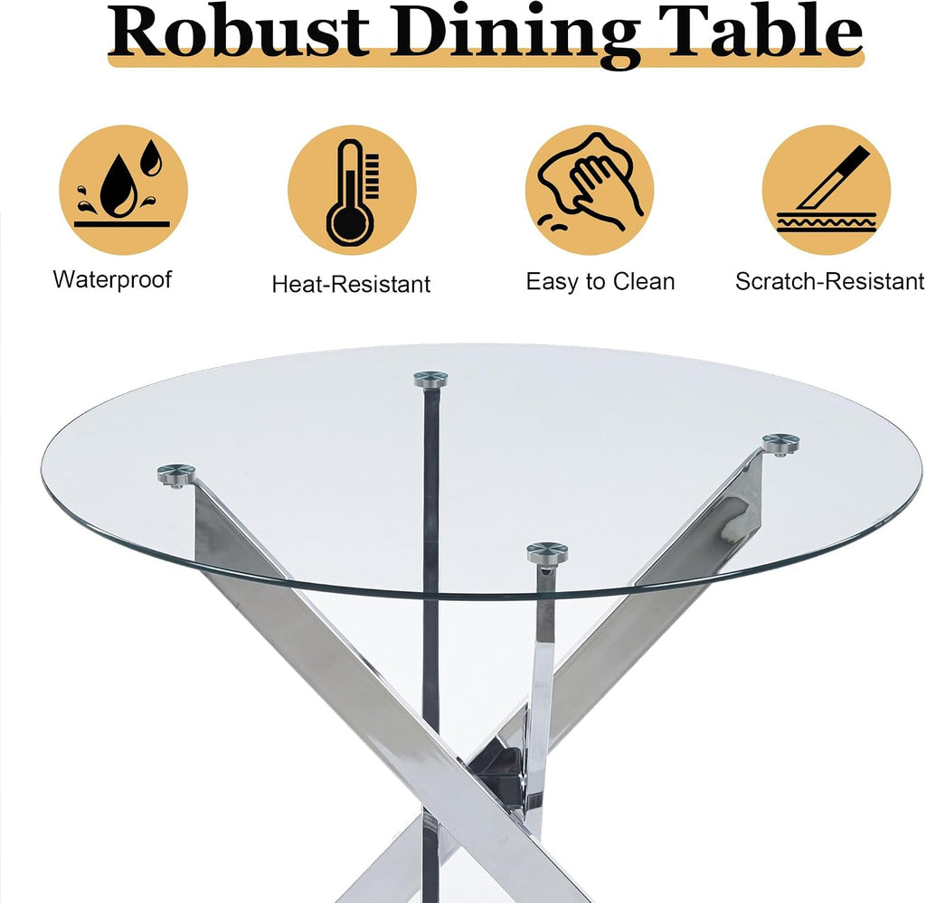 36" Glass Dining Table for 2-4, Round Kitchen Table with Tempered Glass Tabletop and Silver Stainless Steel Legs for Dining Room, Apartment, Small Space