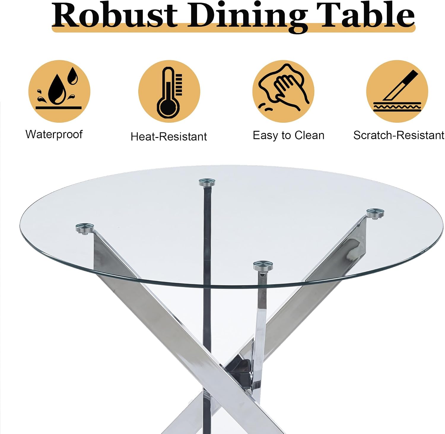 36" Glass Dining Table for 2-4, Round Kitchen Table with Tempered Glass Tabletop and Silver Stainless Steel Legs for Dining Room, Apartment, Small Space