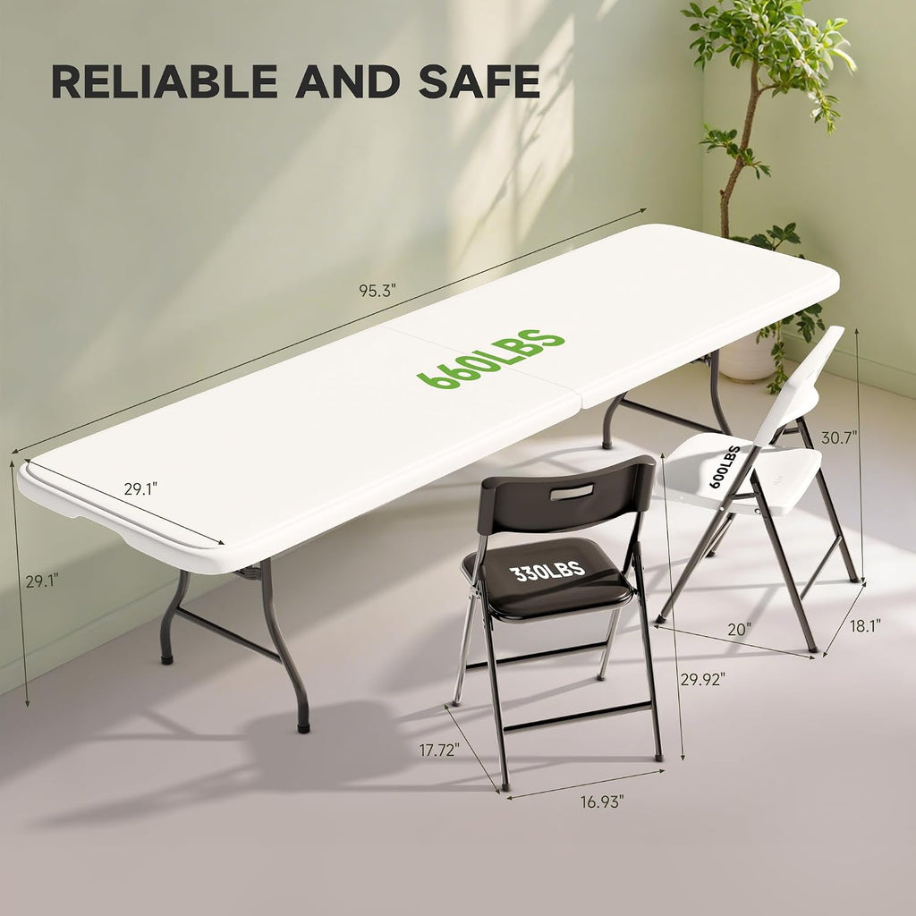 8FT Folding Table Set with 10 Chairs – Heavy-Duty 660 lb Table & 330 lb Chairs, Portable Folding Furniture Bundle for Camping, Parties, Indoor & Outdoor Use