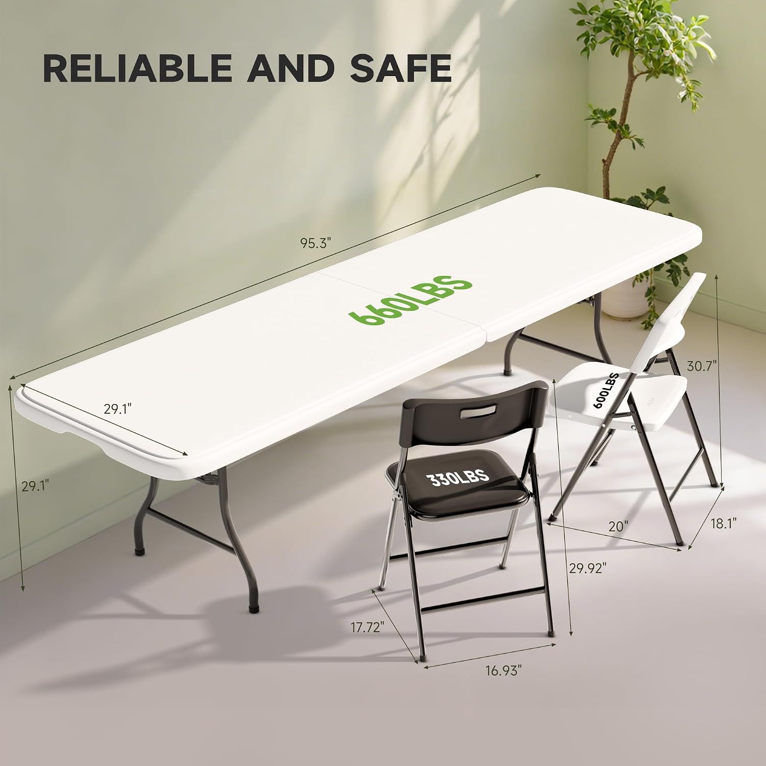 8FT Folding Table Set with 10 Chairs – Heavy-Duty 660 lb Table & 330 lb Chairs, Portable Folding Furniture Bundle for Camping, Parties, Indoor & Outdoor Use