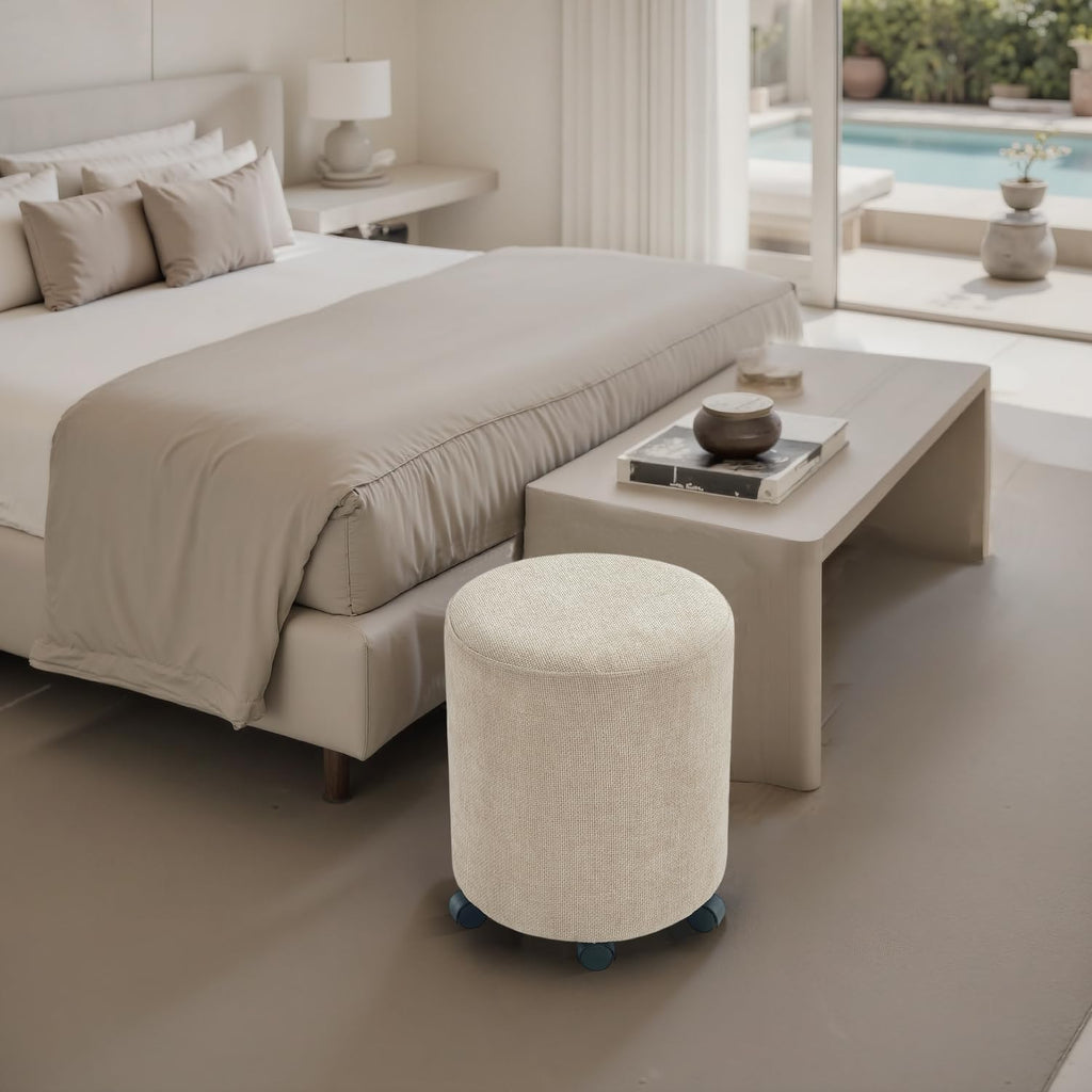 Get Set Style Ottoman with Wheels, Rolling Vanity Stool for Makeup, Upholstered Vanity Rolling Chair Footrest Round Ottoman Foot Stool for Living Room, Bedroom Creamy