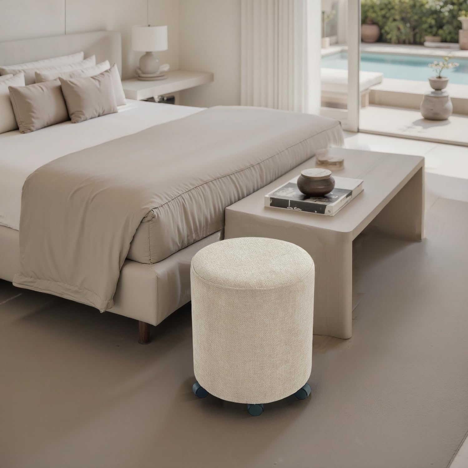 Get Set Style Ottoman with Wheels, Rolling Vanity Stool for Makeup, Upholstered Vanity Rolling Chair Footrest Round Ottoman Foot Stool for Living Room, Bedroom Creamy