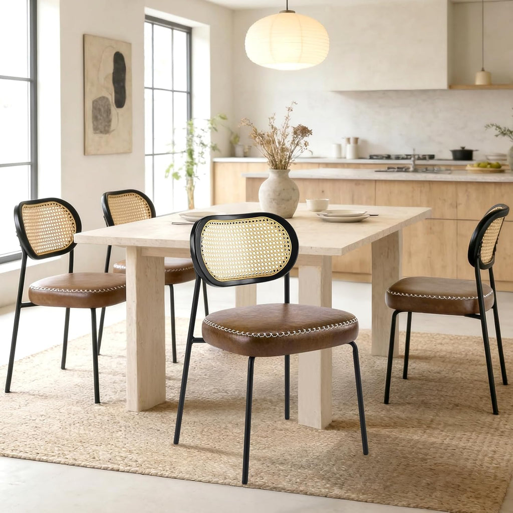 Rattan Dining Chairs Set of 2, Upholstered Dining Chairs with Handwoven Cane Back, Mid Century Modern Kitchen & Dining Room Chairs with Thick Cushion and Metal Frame, 300 lbs Capacity, Brown