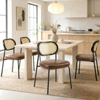 Rattan Dining Chairs Set of 2, Upholstered Dining Chairs with Handwoven Cane Back, Mid Century Modern Kitchen & Dining Room Chairs with Thick Cushion and Metal Frame, 300 lbs Capacity, Brown
