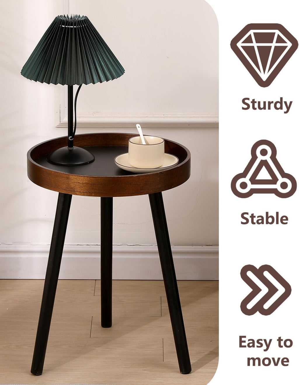 Small Round Side Table, Solid Wood End Table with 3 Metal Legs, Modern Accent Table Circle Coffee Table for Living Room Bedroom Office and Small Spaces, 15.7 * 15.7 * 18 inch