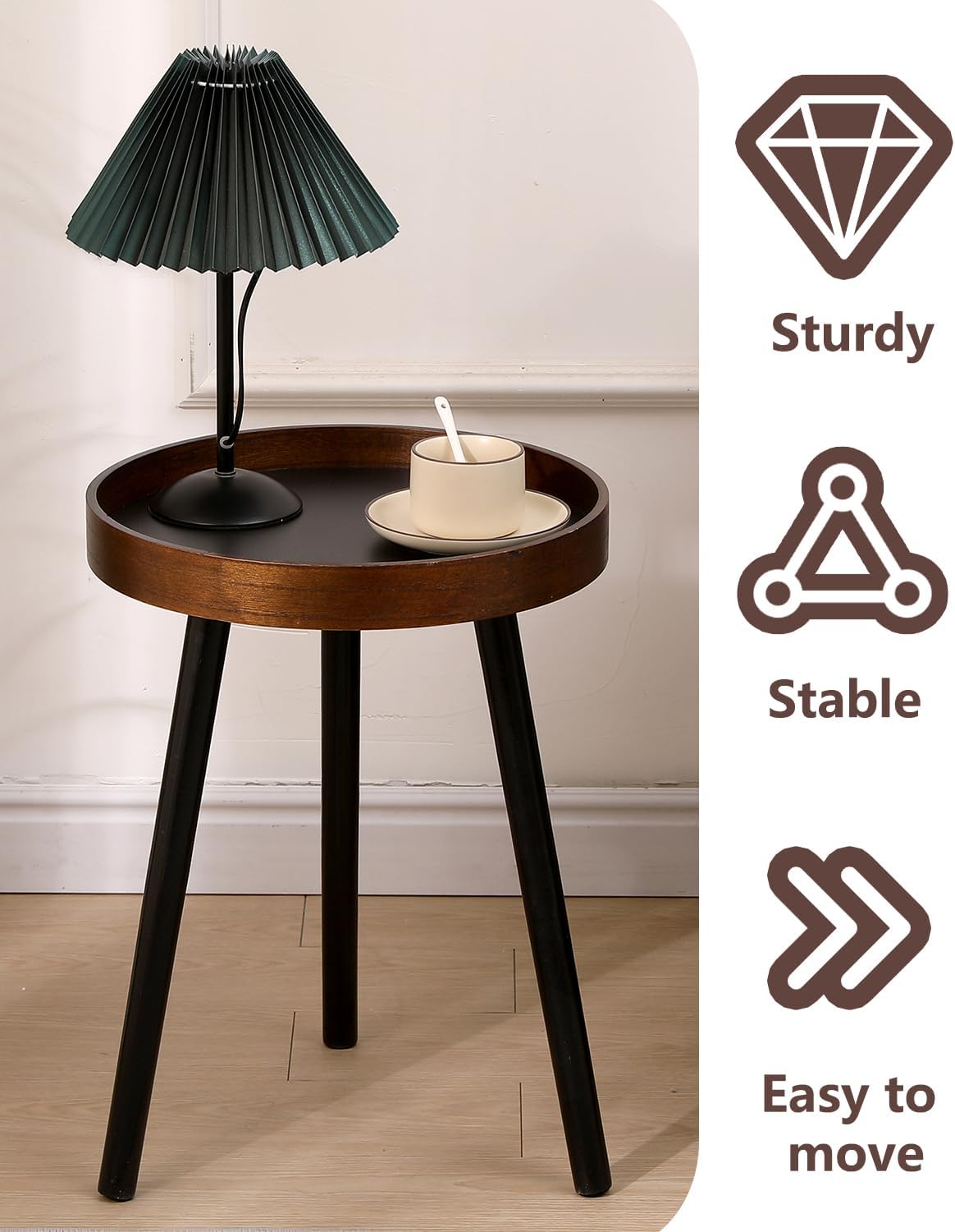 Small Round Side Table, Solid Wood End Table with 3 Metal Legs, Modern Accent Table Circle Coffee Table for Living Room Bedroom Office and Small Spaces, 15.7 * 15.7 * 18 inch
