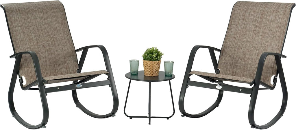 Kozyard 3-Piece Outdoor Rocking Chair Set, Patio Bistro Set with 2 Sling Rockers and Side Table,Powder-Coated Aluminum Frame, Breathable Textilene Fabric for Porch, Garden, Balcony, Beige