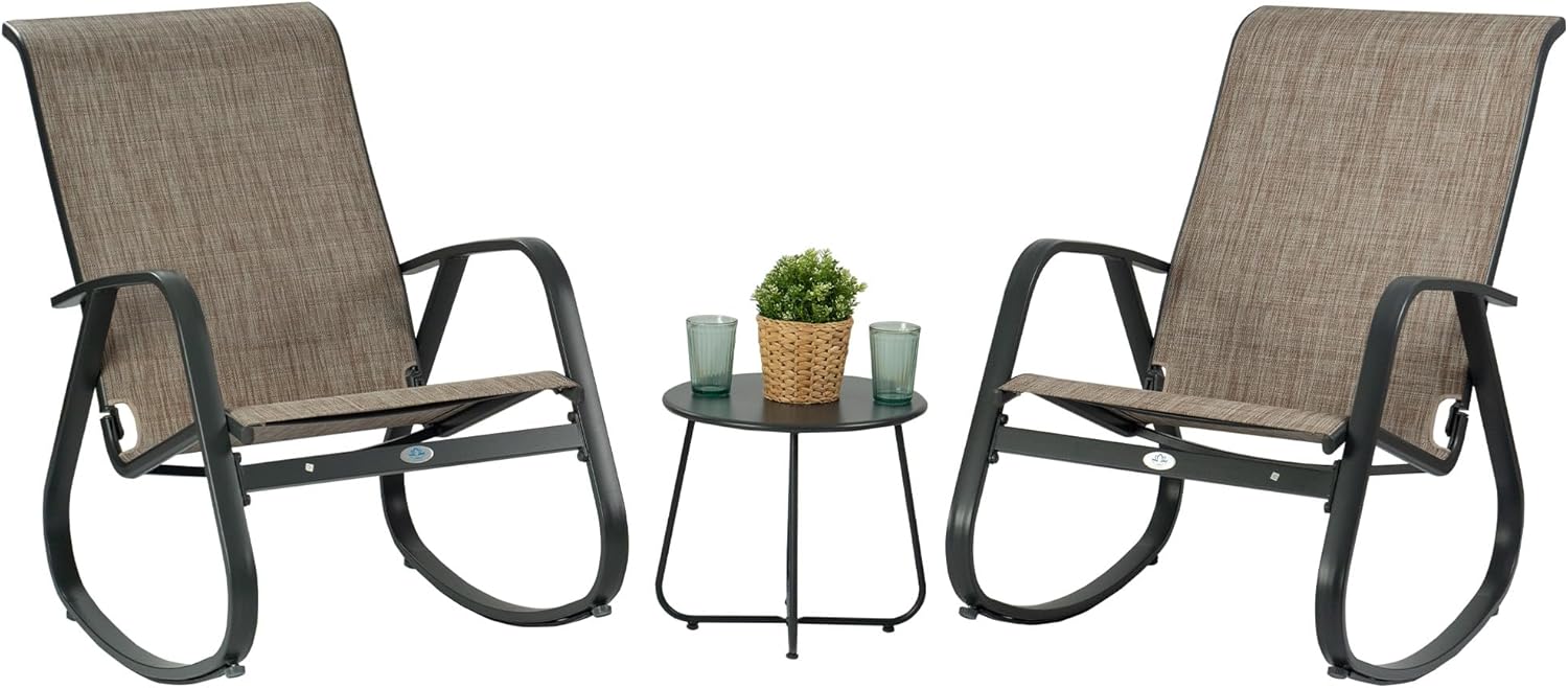 Kozyard 3-Piece Outdoor Rocking Chair Set, Patio Bistro Set with 2 Sling Rockers and Side Table,Powder-Coated Aluminum Frame, Breathable Textilene Fabric for Porch, Garden, Balcony, Beige