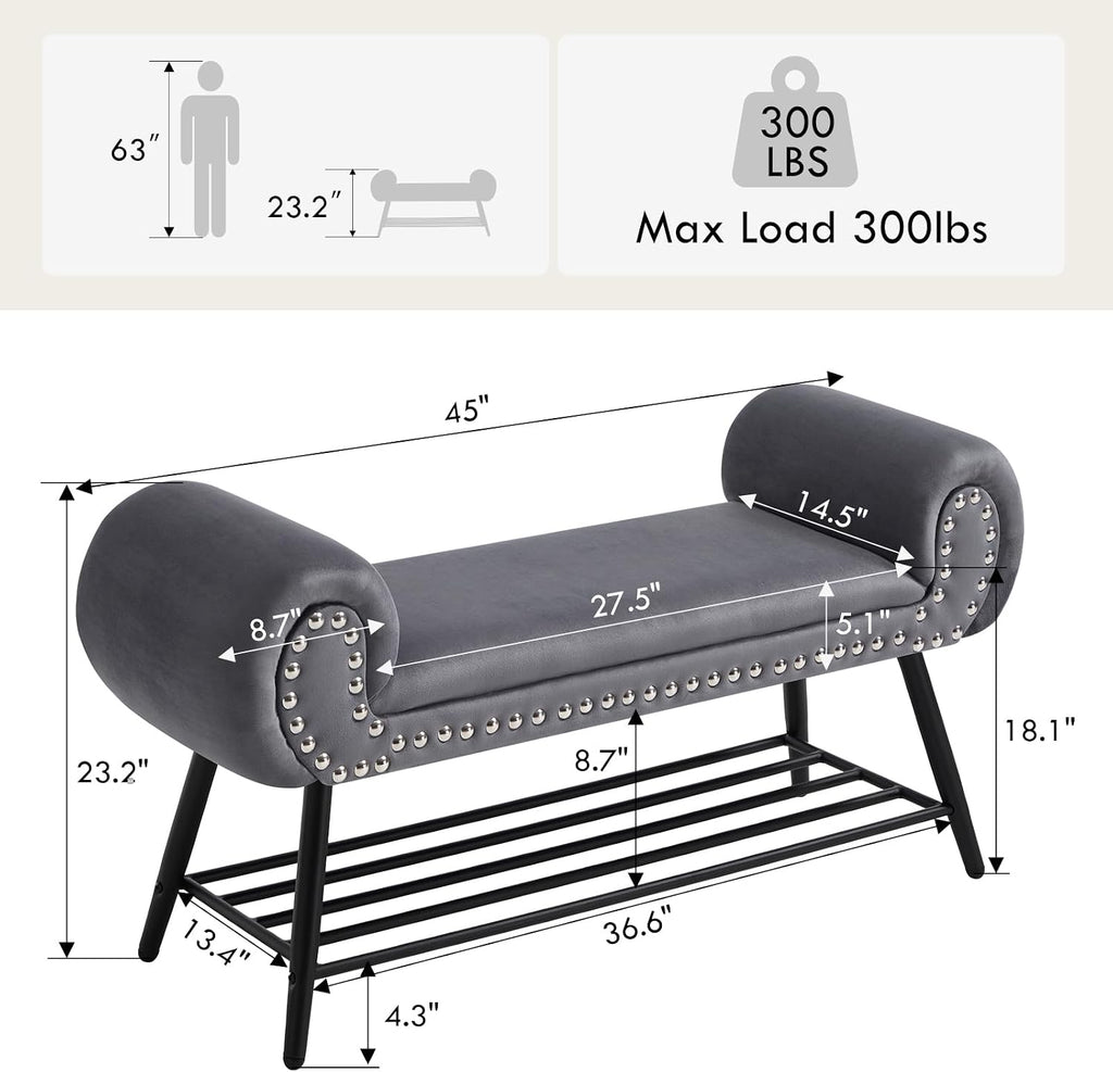 45" Velvet Entryway Bench with Shoe Storage Shelf, Grey | Upholstered bench with rolled arms, nailhead trim, padded seat and metal shelf for shoes, 1 seater, for hallway or bedroom