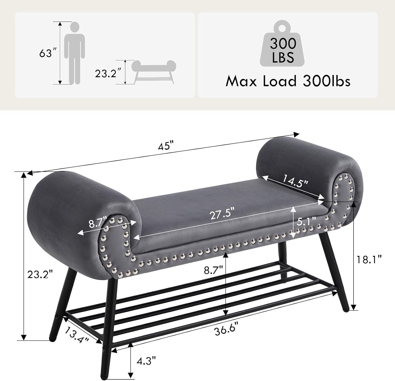 45" Velvet Entryway Bench with Shoe Storage Shelf, Grey | Upholstered bench with rolled arms, nailhead trim, padded seat and metal shelf for shoes, 1 seater, for hallway or bedroom