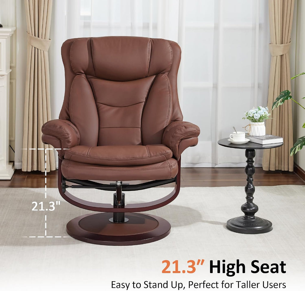 MCombo Oversized Swivel Recliner Chair with Ottoman, Adjustable Backrest, 360° Wood Base, High Seat, Faux Leather Lounge Chair for Tall Users in Living Room Office 4651 (Brown)