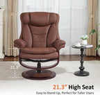 MCombo Oversized Swivel Recliner Chair with Ottoman, Adjustable Backrest, 360° Wood Base, High Seat, Faux Leather Lounge Chair for Tall Users in Living Room Office 4651 (Brown)