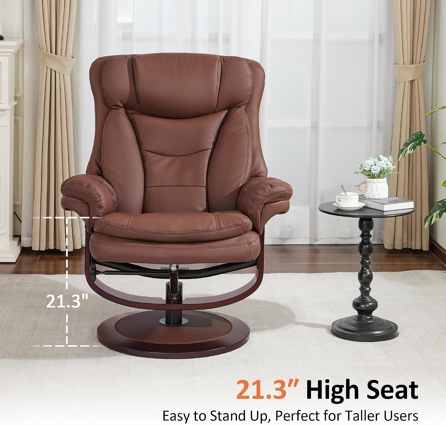 MCombo Oversized Swivel Recliner Chair with Ottoman, Adjustable Backrest, 360° Wood Base, High Seat, Faux Leather Lounge Chair for Tall Users in Living Room Office 4651 (Brown)