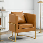 Leather Accent Chairs Set of 2, Mid Century Modern Upholstered Barrel Armchair with Pillow for Living Room, Comfy Single Vanity Chair with Metal Gold Legs for Bedroom, Orange