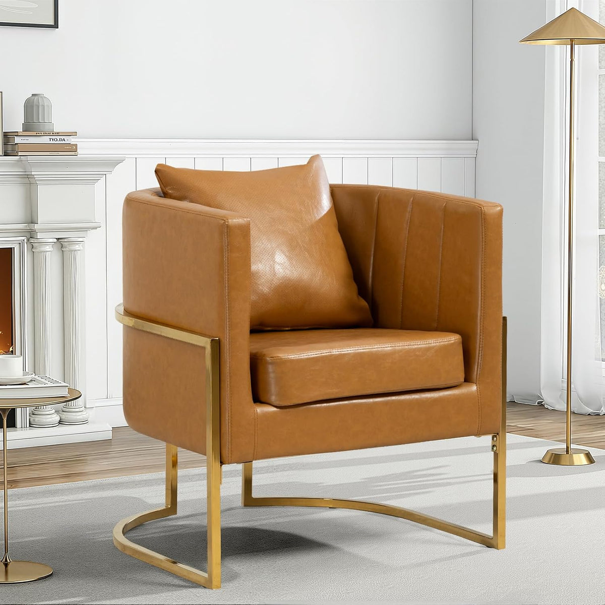 Leather Accent Chairs Set of 2, Mid Century Modern Upholstered Barrel Armchair with Pillow for Living Room, Comfy Single Vanity Chair with Metal Gold Legs for Bedroom, Orange