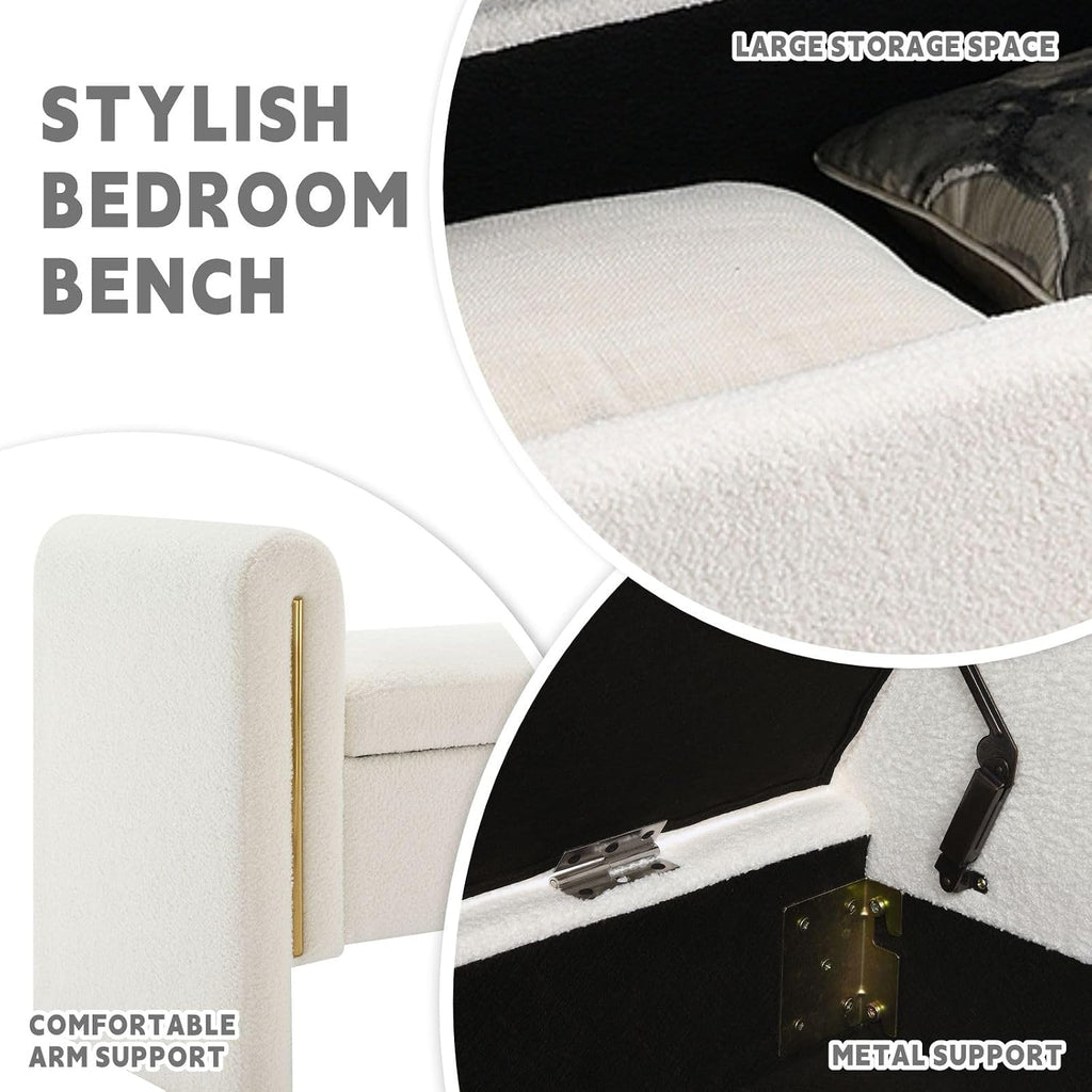 Modern 52" Storage Ottoman Bench, Upholstered End of Bed Storage Bench with Armrests, Entryway Bench, Teddy Foot Rest Stool for Living Room Hallway Bedroom (White)