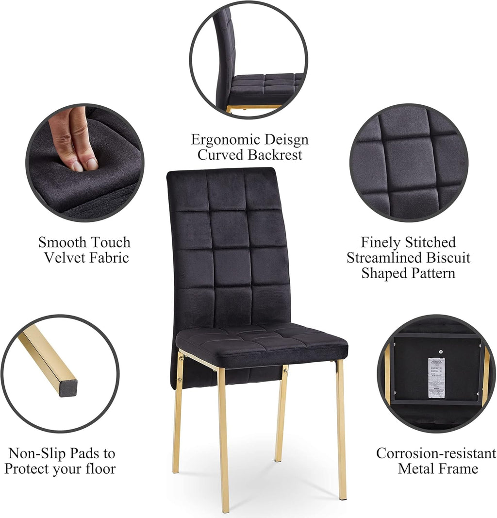 5-Piece Dining Table Set with 4 Black Chairs, 36" Round Dining Table & Chairs Set for 4, Circle Kitchen Table with Gold Metal Frame & Tempered Glass Top, Perfect for Small Space