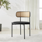 Rattan Dining Chairs Set of 4, Kitchen Chairs with Curved Cane Backrest &Metal Legs, Modern Dining Room Chair, Round Upholstered Sherpa Chair for Living Room, Black