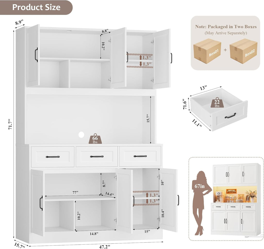 HOSTACK Kitchen Pantry Storage Cabinet, Tall Kitchen Hutch Cabinet, White | 47"W Food Pantry Cabinet with Smart LED / Charging Station / Countertop / 3 Large Drawers, 72"H Storage Hutch, Dining Room