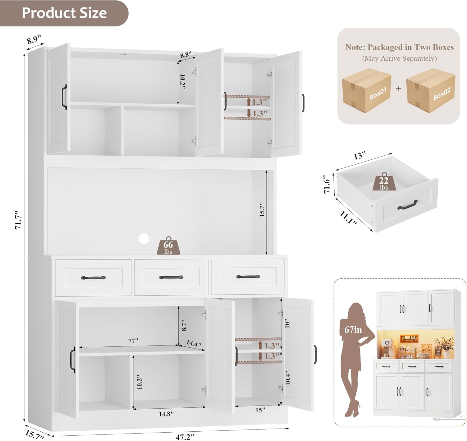 HOSTACK Kitchen Pantry Storage Cabinet, Tall Kitchen Hutch Cabinet, White | 47"W Food Pantry Cabinet with Smart LED / Charging Station / Countertop / 3 Large Drawers, 72"H Storage Hutch, Dining Room