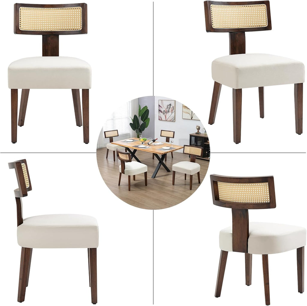 Rattan Dining Chairs Set of 2, Farmhouse Kitchen Chair with Cane Back & Wood Frame in Walnut Finish, Beige Linen Upholstered